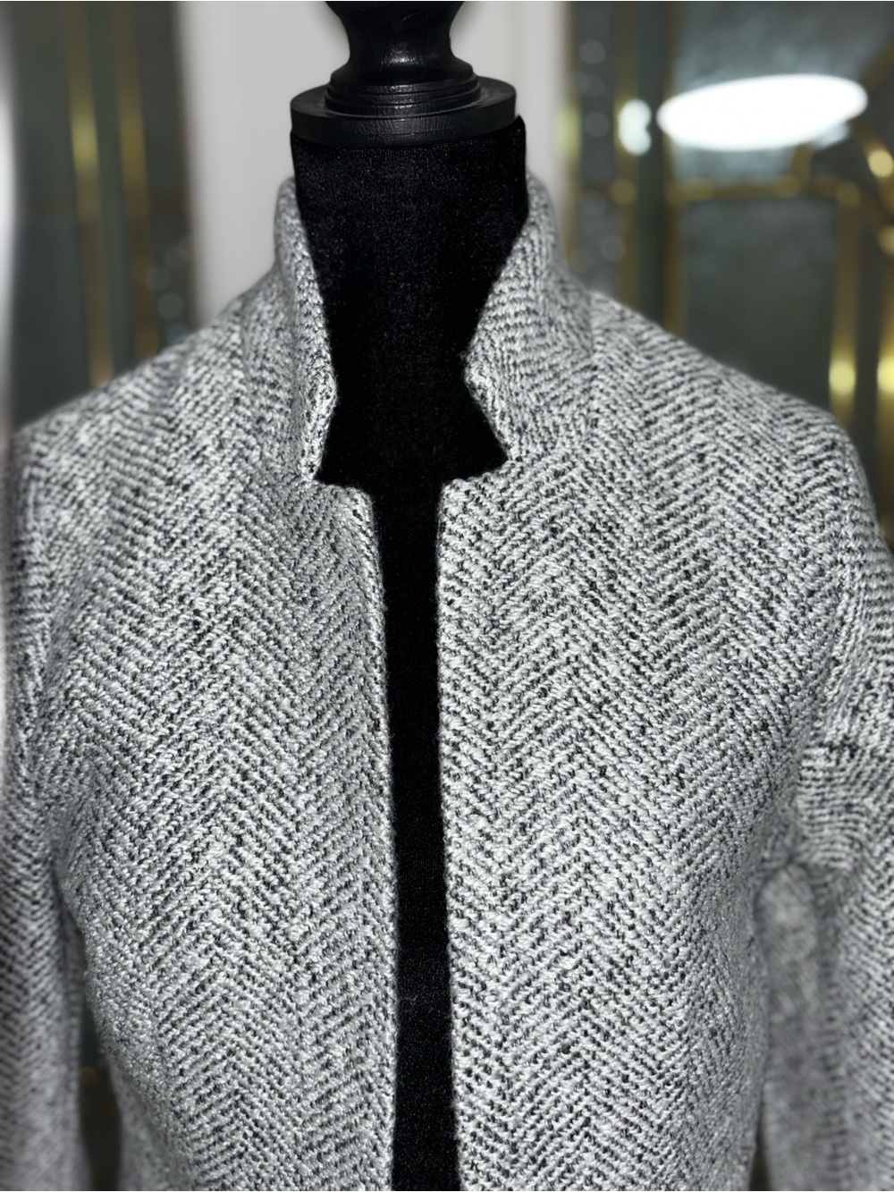 Gray Herringbone Collarless Pea Coat - Picture 2 of 7